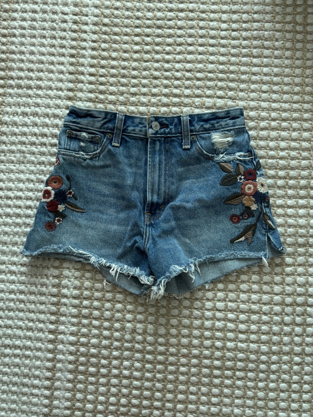 Abercrombie & Fitch Denim Shorts with Floral Embroidery - Blue